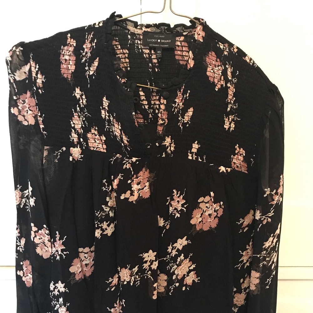 Lucky Brand black floral smocked blouse